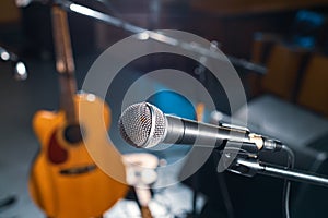 Stage with a microphone and musical instruments before the performance