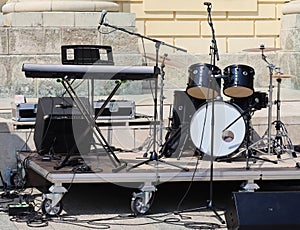Stage of the music band with drums and keyboard