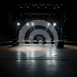 Stage with musical instruments for a concert, empty room. Generative AI