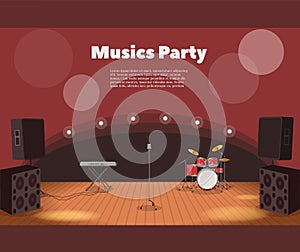 Stage and musics party banner. illustration of stage with instruments and music party banner.