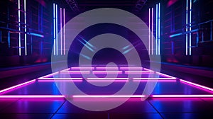 stage with neon lights in a variety of colors and an abstract background