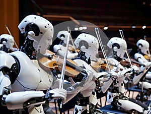 on stage in the Philharmonic Orchestra with robots playing violins, AI development concept