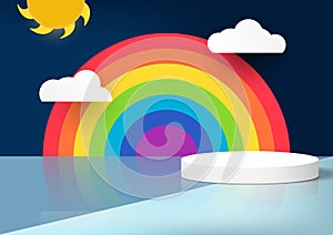 Stage podium decor with clouds, rainbow, sun. 3d pedestal cartoon scene or platform for product display on dark blue background.