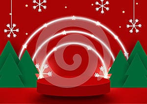 Stage podium decor with step neon lighting round shape, snowflake, star, trees. Abstract Christmas mock-up scene. Red 3d circle.