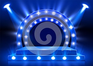 Stage podium with lighting, Stage Podium Scene with for Award Ceremony on blue background.