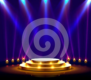 Stage podium with lighting, Stage Podium Scene with for Award Ceremony on blue Background.