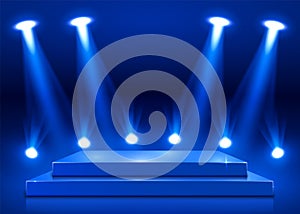 Stage podium with lighting, Stage Podium Scene with for Award Ceremony on blue background.