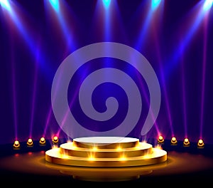 Stage podium with lighting, Stage Podium Scene with for Award Ceremony on blue Background. photo