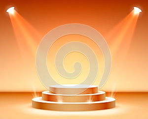 Stage podium with lighting, Stage Podium Scene with for Award Ceremony on orange Background.