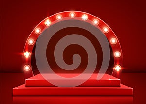 Stage podium with lighting, Stage Podium Scene with for Award Ceremony on red Background.