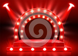 Stage podium with lighting, Stage Podium Scene with for Award Ceremony on red Background.