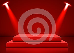 Stage podium with lighting, Stage Podium Scene with for Award Ceremony on red Background.