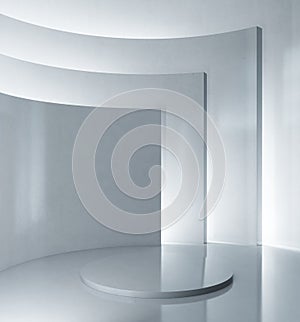 circle stage podium stand white concrete background. architecture curved wall layer of light. interior exhibition advertising.