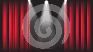 Stage with red curtain. Concert show backdrop with spotlight