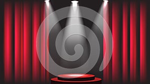 Stage with red curtain. Concert show backdrop with spotlight