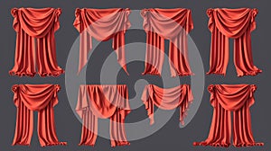 Stage red curtain with folds. Realistic modern illustration of a close and open opera cloth drapery for presentations