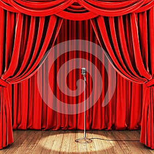 Stage with red curtain, retro microphone and wooden floor