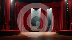 Stage, red curtain and smoke on the stage. Cinema, theater. AI generative