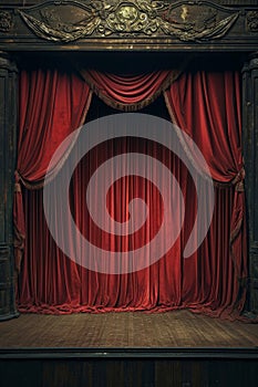 Stage With Red Curtain and Wooden Floor