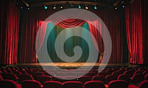 A stage with red curtains and empty seats.