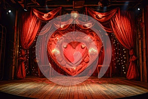 Stage With Red Curtains and Heart-Shaped Curtain, A theatrical stage adorned with elaborate heart-shaped decor for a romantic play
