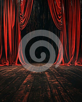 Stage With Red Curtains and Wooden Floor