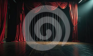 A stage with red curtains and a wooden floor.