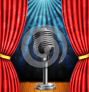 Stage with red curtians, microphone and spotlight.