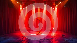 A stage with red lights and a microphone