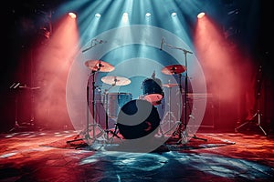 Stage rhythm Drum set illuminated in the spotlights rays for live music