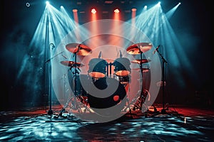 Stage rhythm Drum set illuminated in the spotlights rays for live music