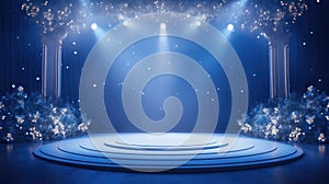 Stage round podium with blue lighting, Stage Podium Scene with for Award Ceremony on blue Background