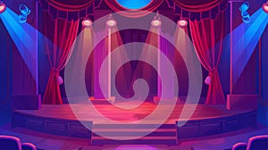 Stage scene of a cartoon theater concert with a red curtain and spotlight modern background. Music podium in empty