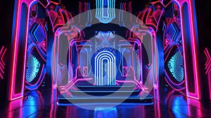 On a stage that seems to pulsate with energy a podium stands out with its intricate neon designs and patterns. The cyber photo