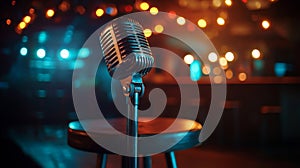 This stage set-up for stand-up comedy contains a microphone, stool, and reflectors& x27; rays.