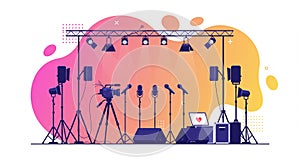 Stage setup with a row of microphones on stands positioned in front of a camera