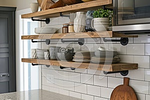 Stage shelves in a kitchen featuring minimalist black metal pipe brackets that are one rod and feature a circular base on the wall