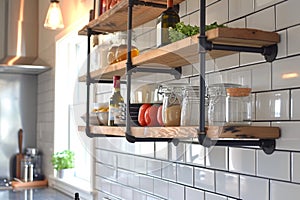 Stage shelves in a kitchen featuring minimalist black metal pipe brackets that are one rod and feature a circular base on the wall