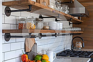 Stage shelves in a kitchen featuring minimalist black metal pipe brackets that are one rod and feature a circular base on the wall