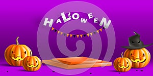 Stage showcase geometric shape with halloween pumpkins concept. Podium platform for product promo or discount