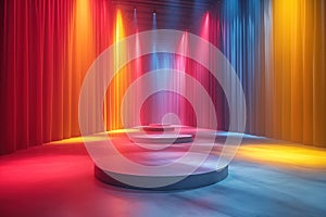 Stage with spotlight. Abstract scene with round podium, neon light and smoke.