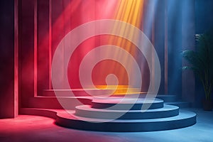 Stage with spotlight. Abstract scene with round podium, neon light and smoke.