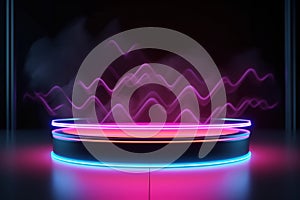 Stage with spotlight on stage. Empty podium for products display with smoke and neon lights.