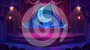 The stage of a theater with red curtains, spotlights, and adornments depicting a night ocean, moon, and clouds. An empty