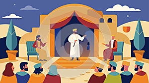 The stage is transformed into a scene from ancient Jerusalem as performers recite the parables of Jesus bringing his photo
