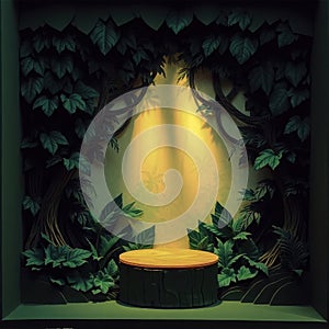 Stage with a tree trunk podium and foliage in a box scene