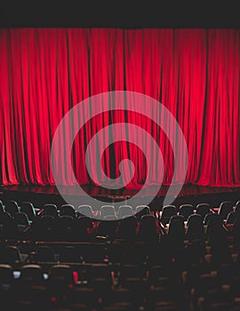 Stage with velvet red curtain in theater cinema, empty old-fashioned elegant theatre wooden stage with red cloth drapes curtains