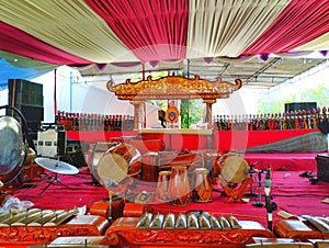 stage for a wayang golek performance complete with gamelan instruments photo