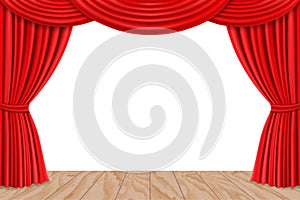 Stage with wooden floor and red curtains for theater or opera scene backdrop, concert grand opening or cinema premiere. Portiere