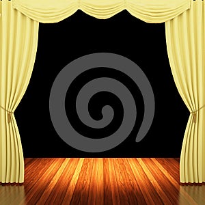 Stage with yellow curtains and spotlight.